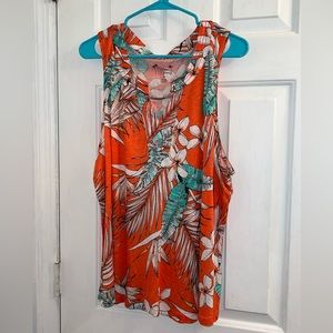 Size 1x coral orange green tropical floral palm leaves top sleeveless tank